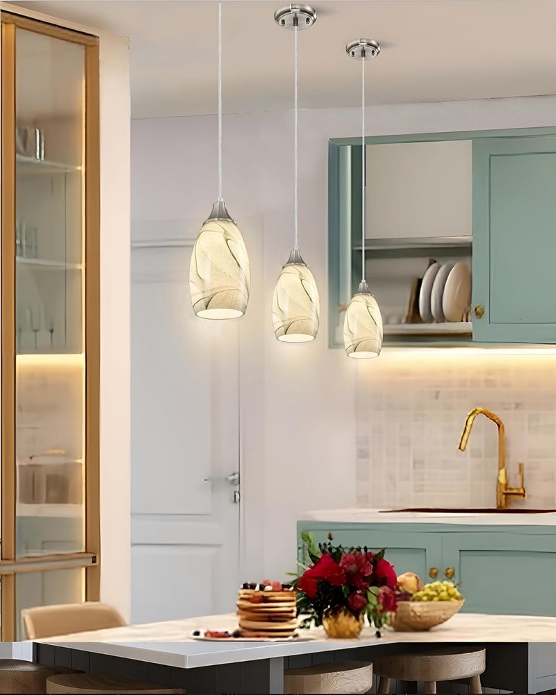 karyfine Mini Pendant Lights Kitchen Island Light Brown Glass Lamp Shade Hand Blown Glass Pendant Light with Brush Nickel Finish Adjustable Cord for Kitchen Over Sink (Green Marble-1Packs) - Image 5